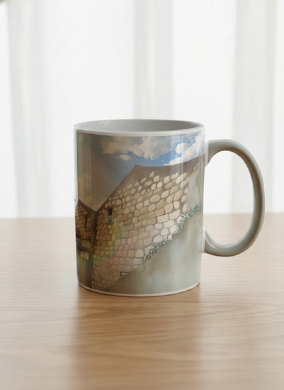 Classic Mug | The Timeless Facade mug ancient stone walls rising under a bright blue sky with soft drifting clouds, clean pearl white interior and handle,  by Samuel Kwok Gallery By Inhesion