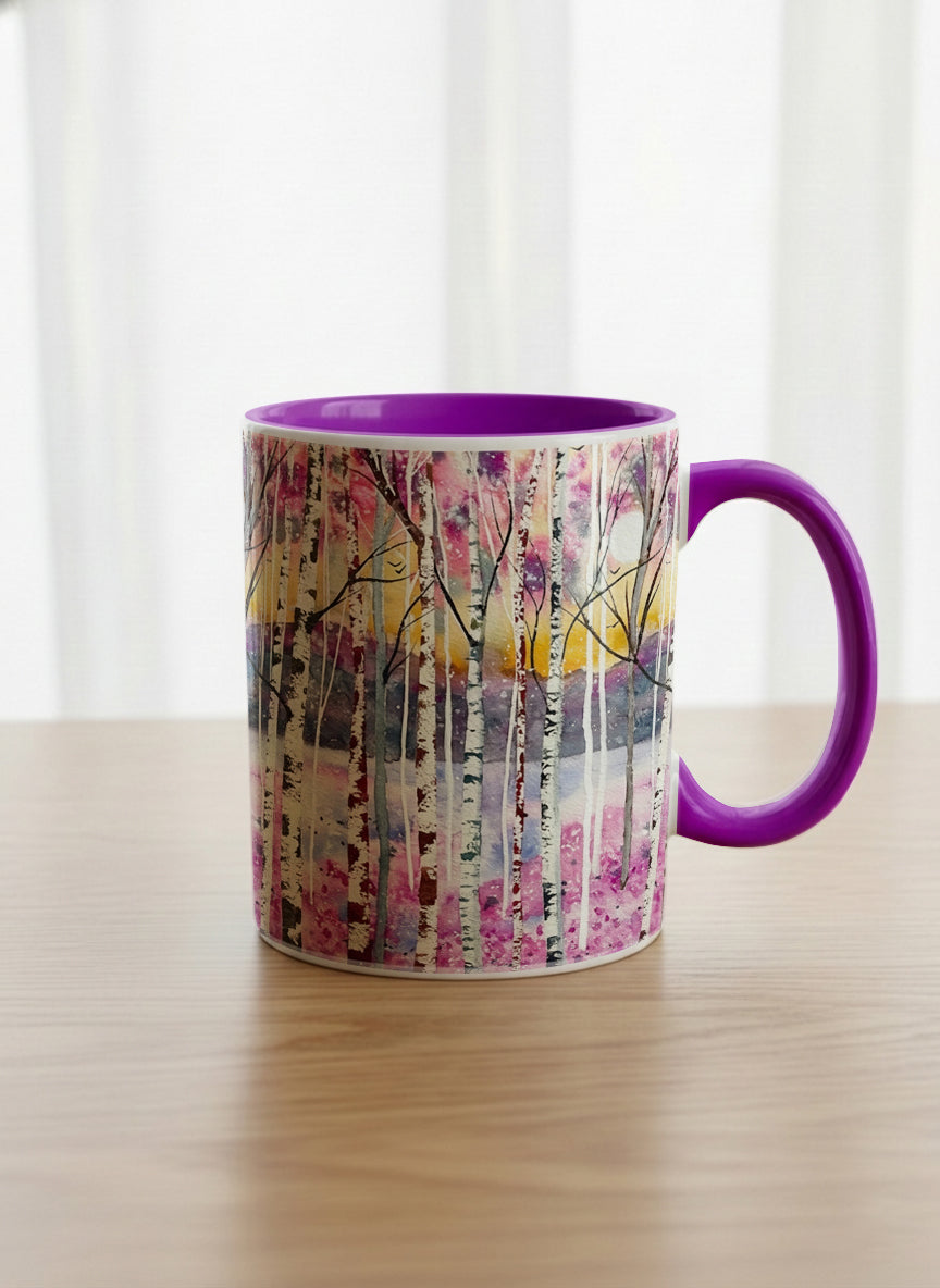 classic Mug | Living in Colour mug shows colorful watercolor birch trees in a dreamy forest landscape by Renee Pupetz - Gallery By Inhesion