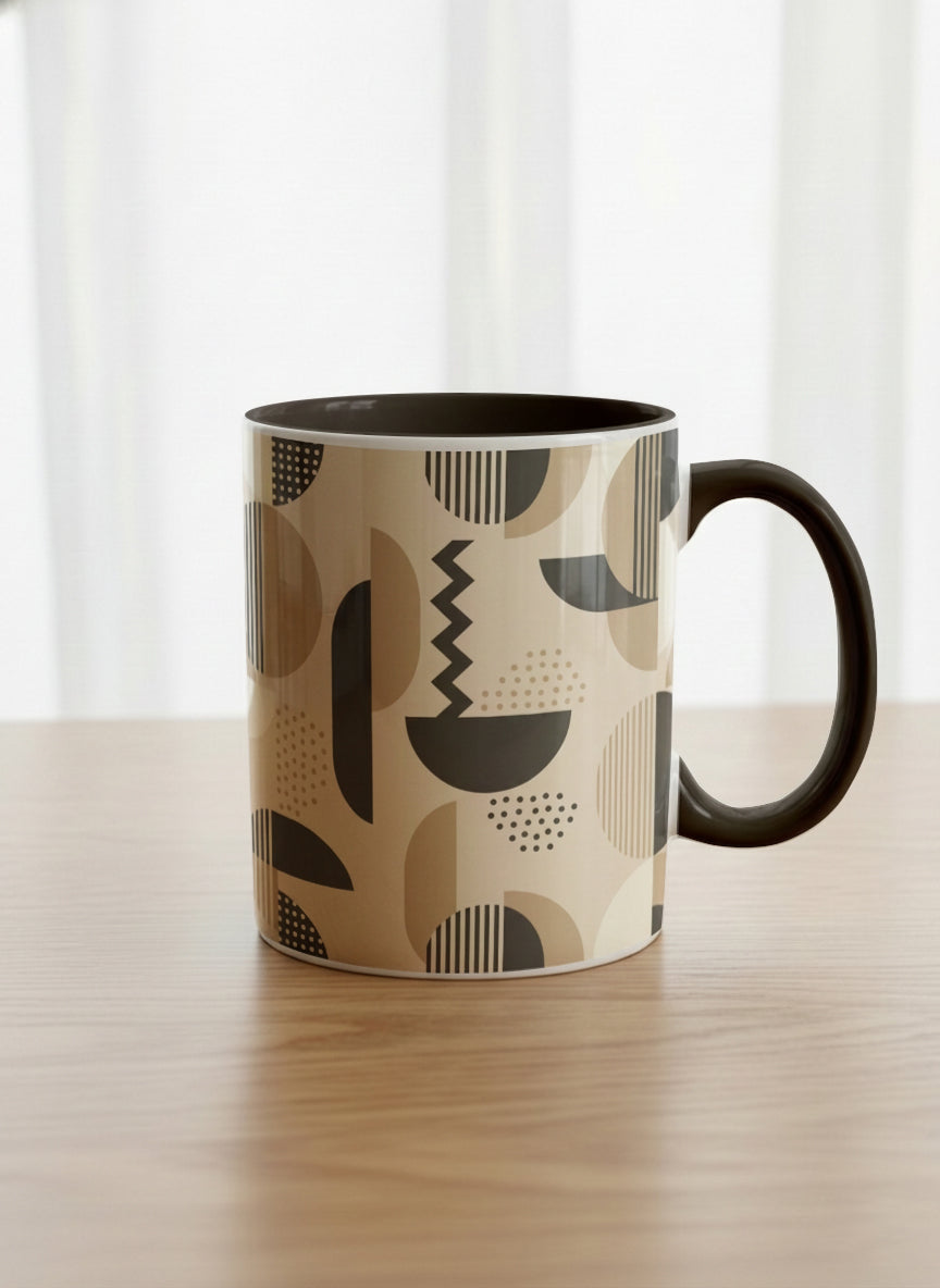 Classic Mug | Parallel Dune Echo mug, beige and charcoal geometric shapes with dots and stripes, dark interior and handle, by Alan CL Lee - Gallery By Inhesion