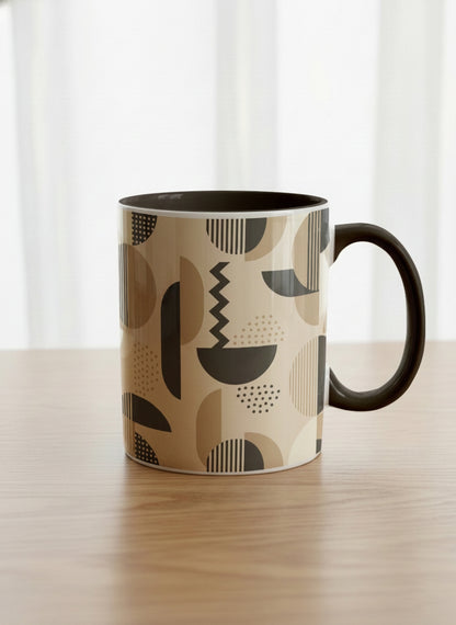 Classic Mug | Parallel Dune Echo mug, beige and charcoal geometric shapes with dots and stripes, dark interior and handle, by Alan CL Lee - Gallery By Inhesion
