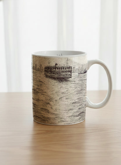 Classic Mug | Shimmering Passage mug showing a pen drawing Star Ferry in Hong Kong by Samuel Kwok - Gallery By Inhesion