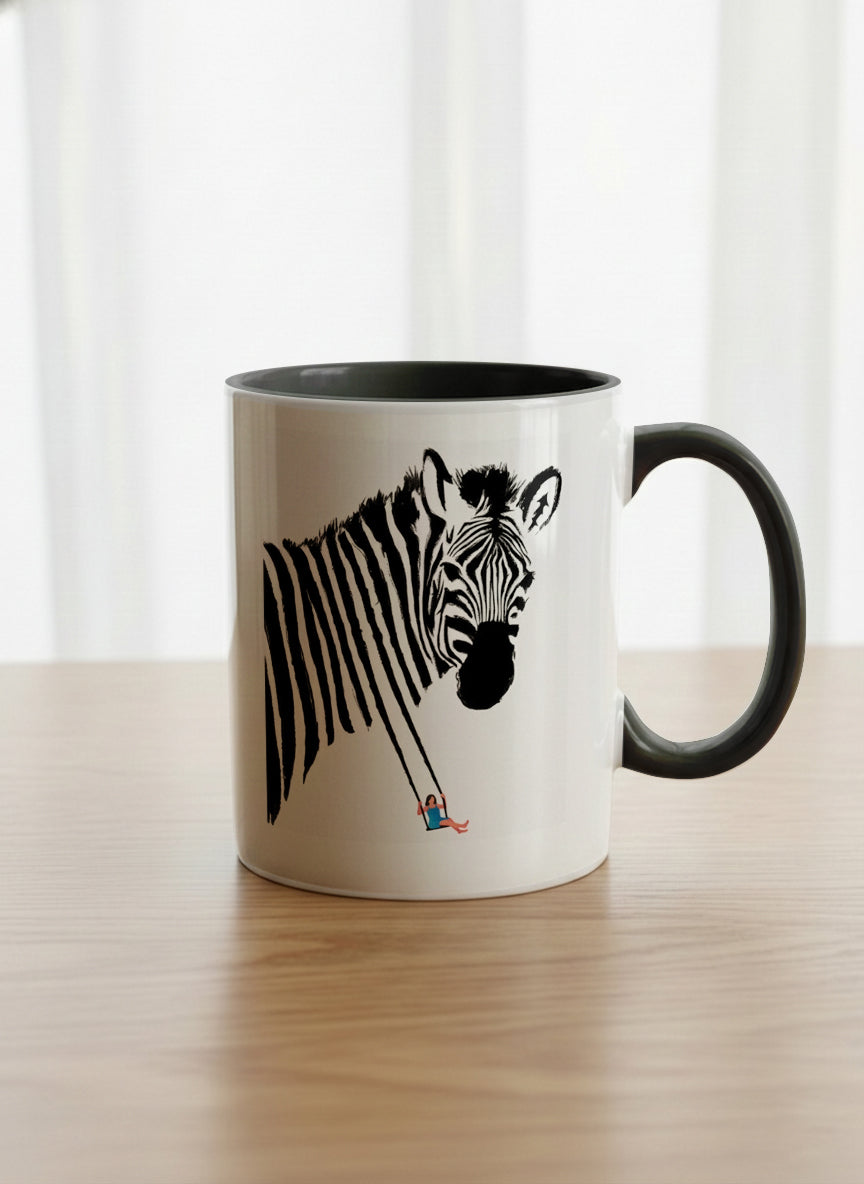 Classic Mug | Swinging between reality and illusion mug with a zebra illustration and a person swinging under it by Tang Yau Hoong - Gallery By Inhesion