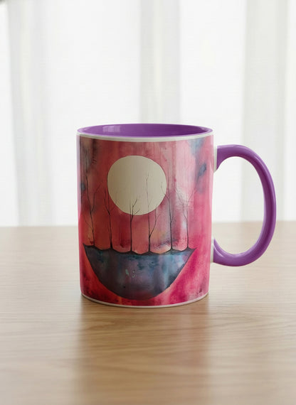 classic mug | Sail the Moon mug with watercolor night scene, boat silhouette, trees and full moon, purple handle and interior by Renee Pupetz - Gallery By Inhesion