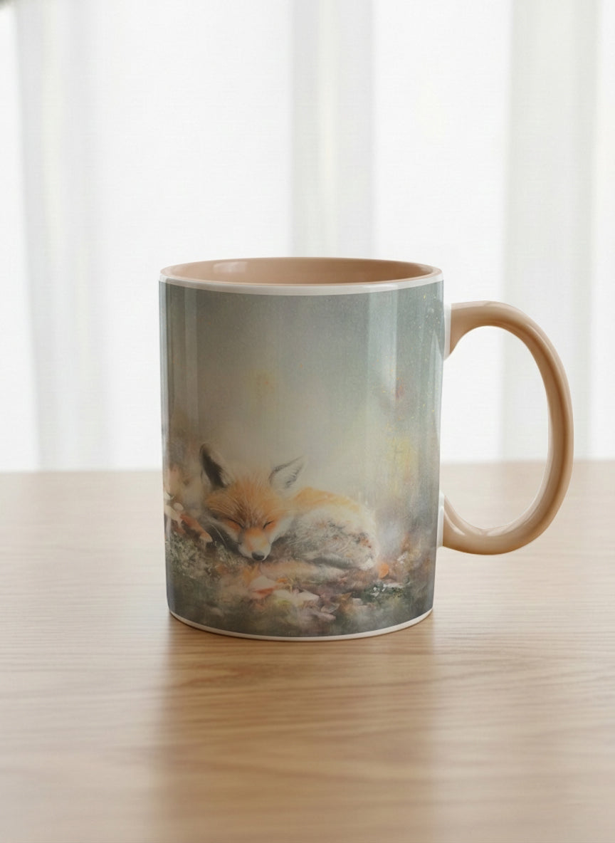 Classic mug | Lullaby mug, sleeping fox curled in a soft misty meadow, warm terracotta interior and handle, by Karina Mosser - Gallery By Inhesion