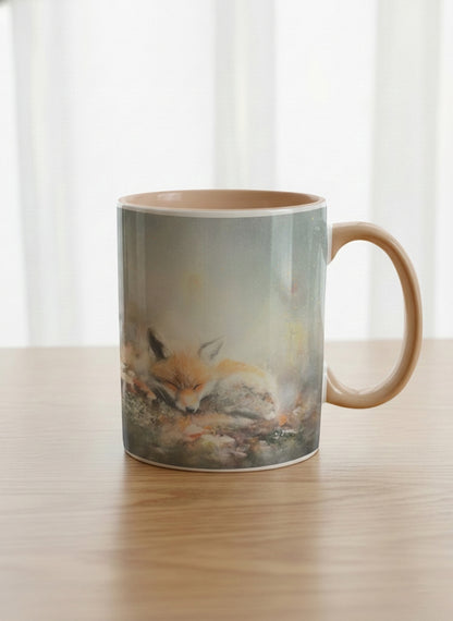 Classic mug | Lullaby mug, sleeping fox curled in a soft misty meadow, warm terracotta interior and handle, by Karina Mosser - Gallery By Inhesion