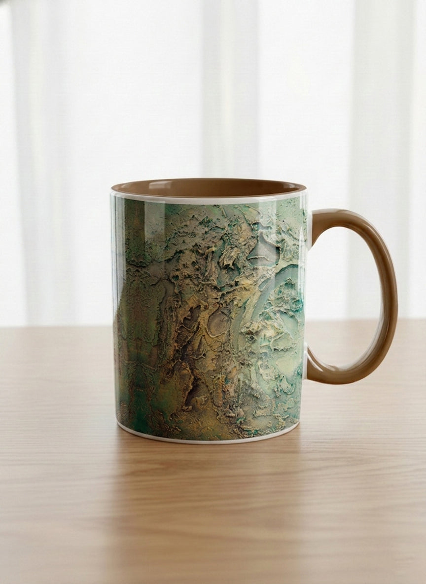 Classic Mug | Green textured mug with earthy, weathered pattern and brown handle on a light surface by Mersedes Mein - Gallery By Inhesion