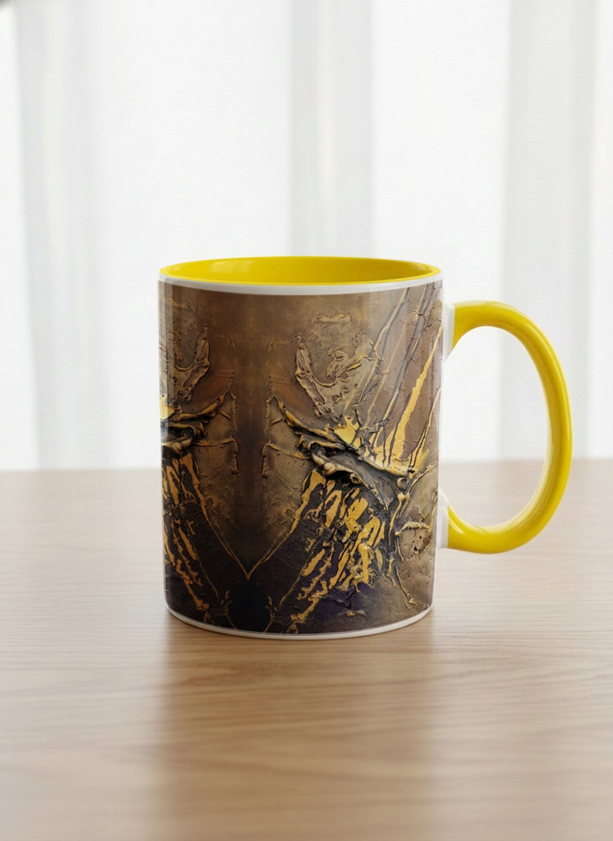 Classic Mug | Unfolding Luminance mug showing abstract marbled pattern in brown, black, and gold tones by Mersedes Mein - Gallery By Inhesion