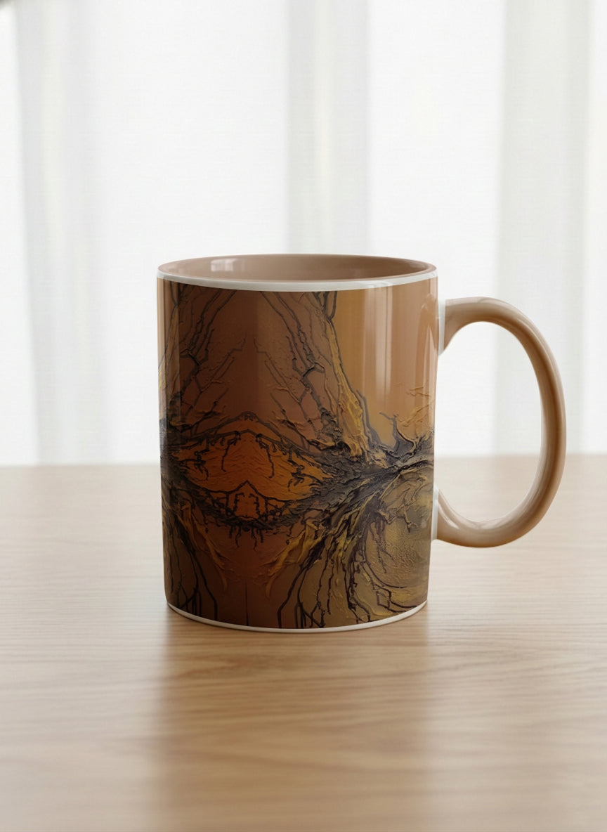 Classic Mug | Flowing Essence mug showing abstract marbled pattern in brown, black, and gold tones by Mersedes Mein - Gallery By Inhesion