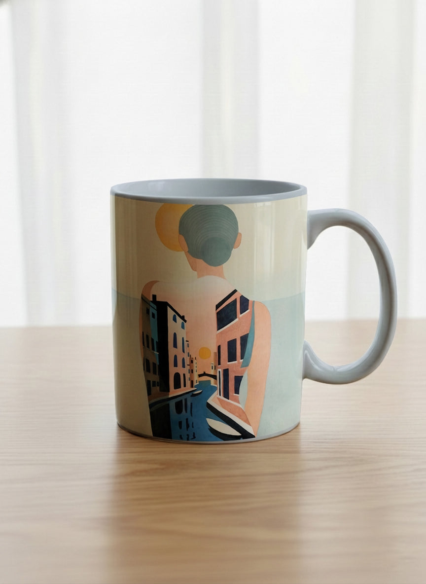Classic mug | Memory on the Bridge mug a solitary figure gazing over a sunlit Venetian canal lined with terracotta buildings, soft powder blue interior and handle, by KikaG - Gallery By Inhesion