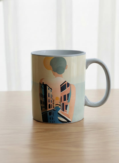 Classic mug | Memory on the Bridge mug a solitary figure gazing over a sunlit Venetian canal lined with terracotta buildings, soft powder blue interior and handle, by KikaG - Gallery By Inhesion