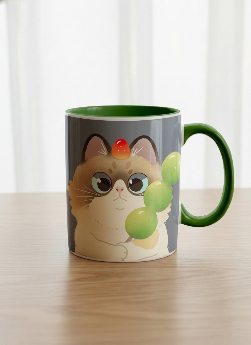 Classic Mug | My Shiny Treat mug grumpy fluffy cat clutching green grapes, tiny red mushroom hat, slate blue background, green interior, by Hyun Jung Cho