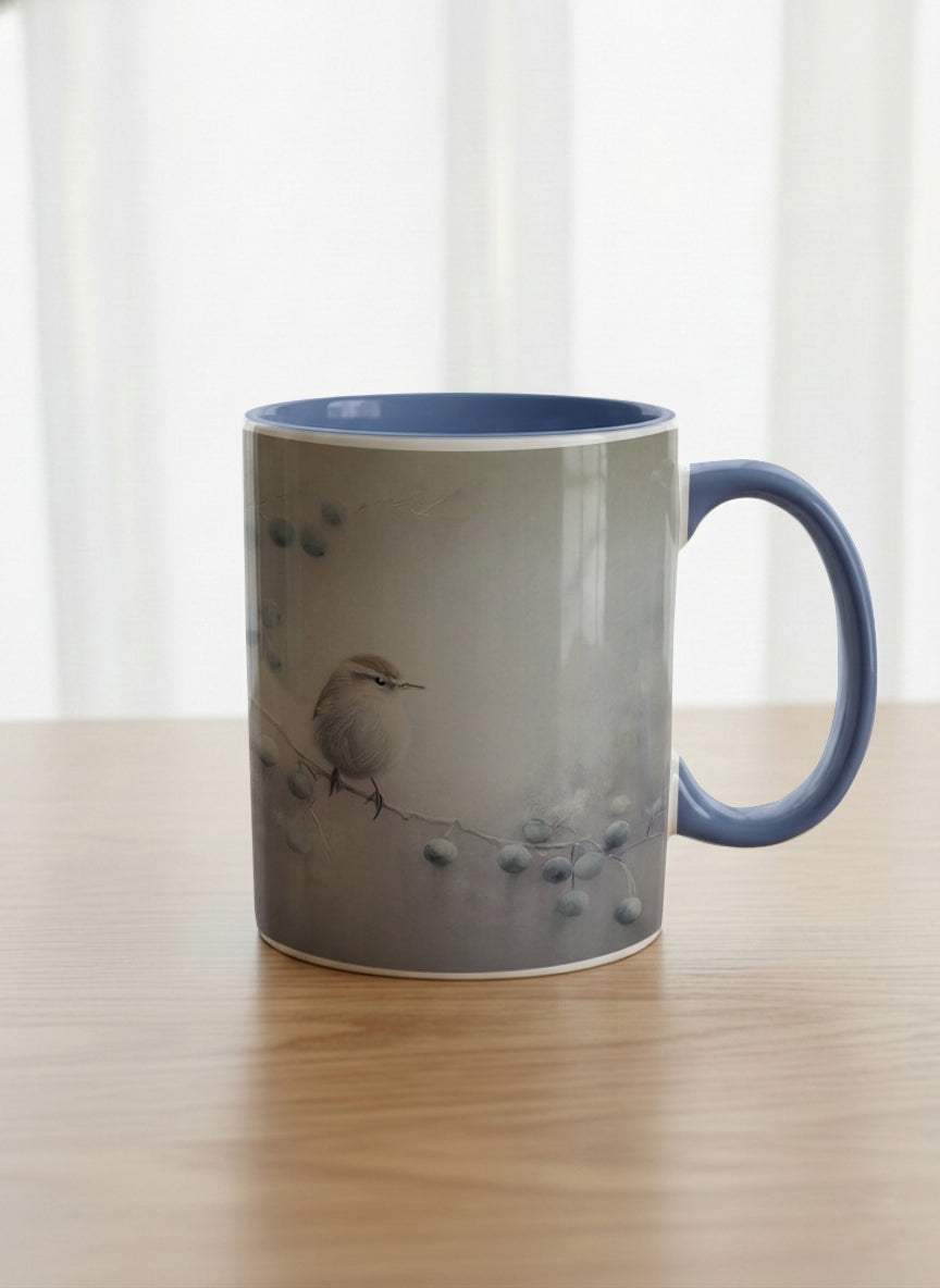 Classic mug | A Quiet Moment mug, solitary bird perched in a soft misty landscape with delicate dot details, dusty blue interior and handle, by Karina Mosser - Gallery By Inhesion