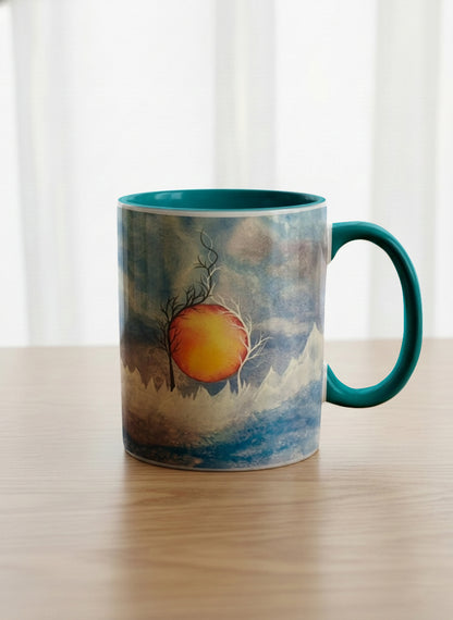 Classic Mug | Sun Rise mug with a colorful sun rise over a misty landscape and abstract trees by Renee Pupetz - Gallery By Inhesion