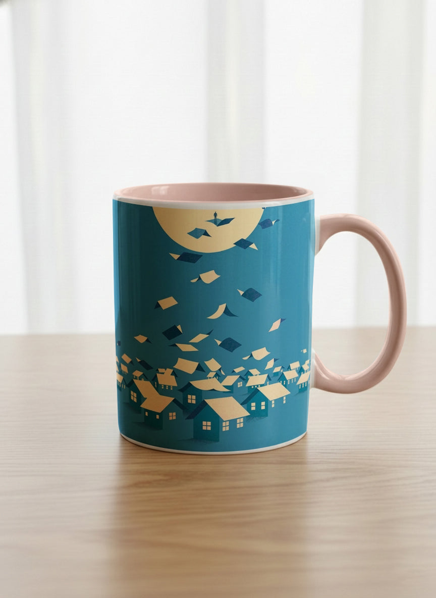 Classic Mug | House of Wings mug with whimsical house roof flying over a night cityscape by Tang Yau Hoong - Gallery By Inhesion