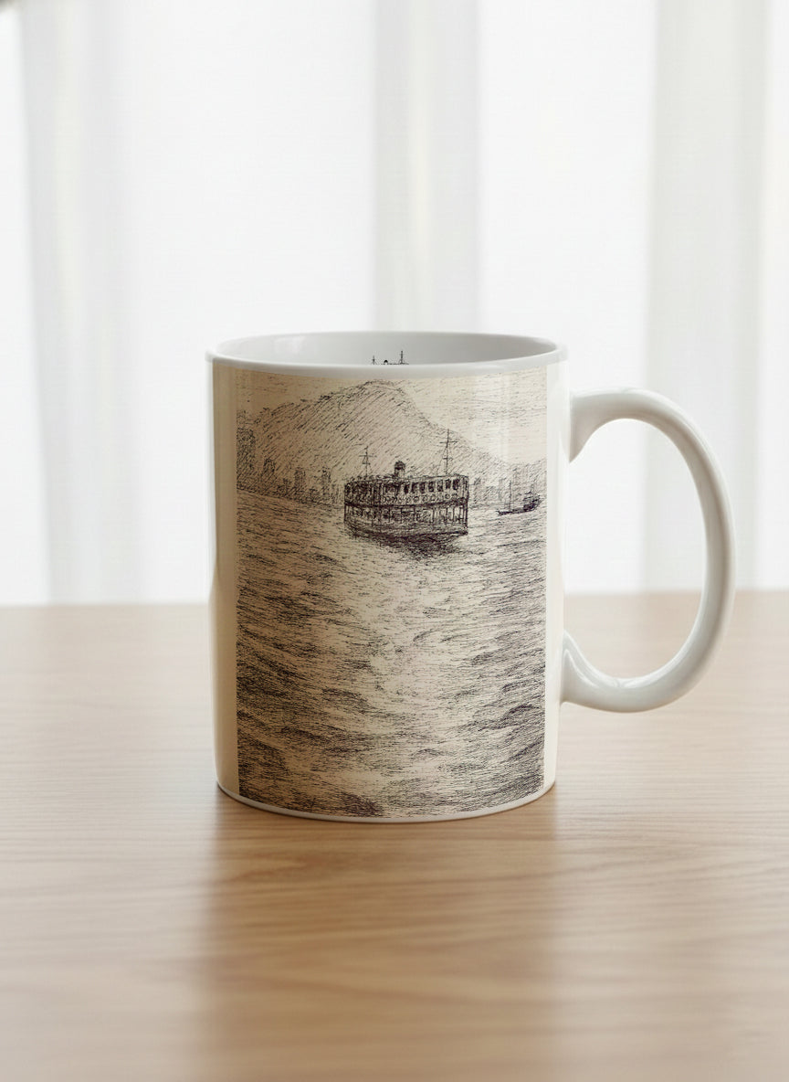 Classic Mug | Shimmering Passage mug showing a pen drawing Star Ferry in Hong Kong by Samuel Kwok - Gallery By Inhesion