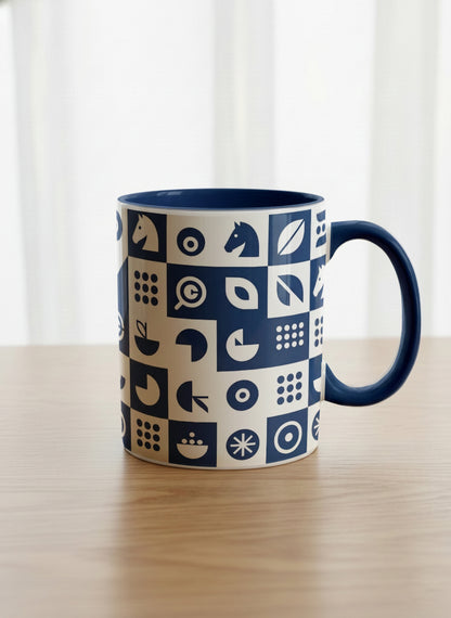 Classic Mug | Multiversal Sigils mug, navy and white checkerboard pattern with icons, blue interior and handle, by Alan CL Lee - Gallery By Inhesion