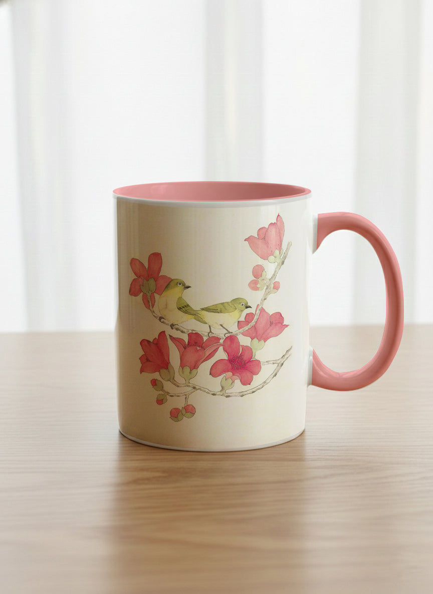 Classic Mug | Forever Love mug with watercolor birds on branch with pink flowers by Alice Wong - Gallery By Inhesion