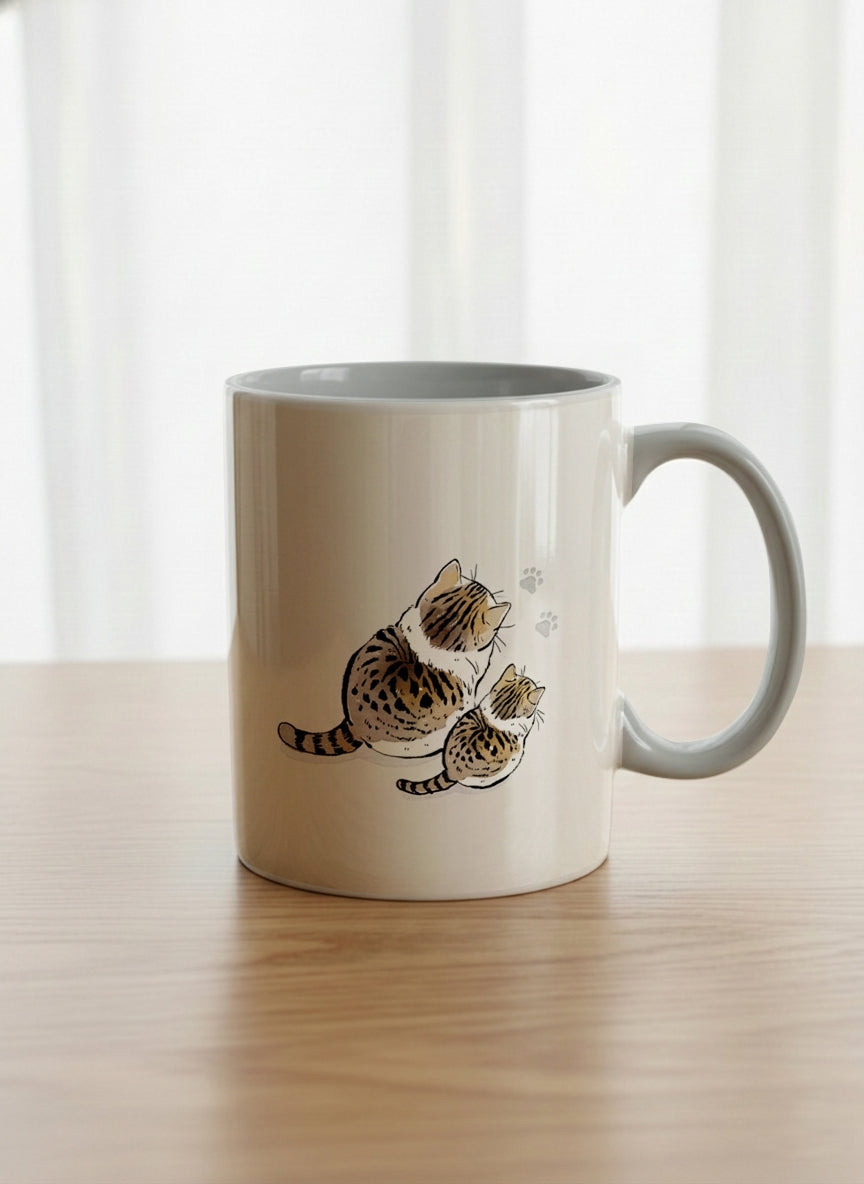 classic mug | By Your Side mug with two cats and paw prints, by Hyun Jung Cho- Gallery By Inhesion