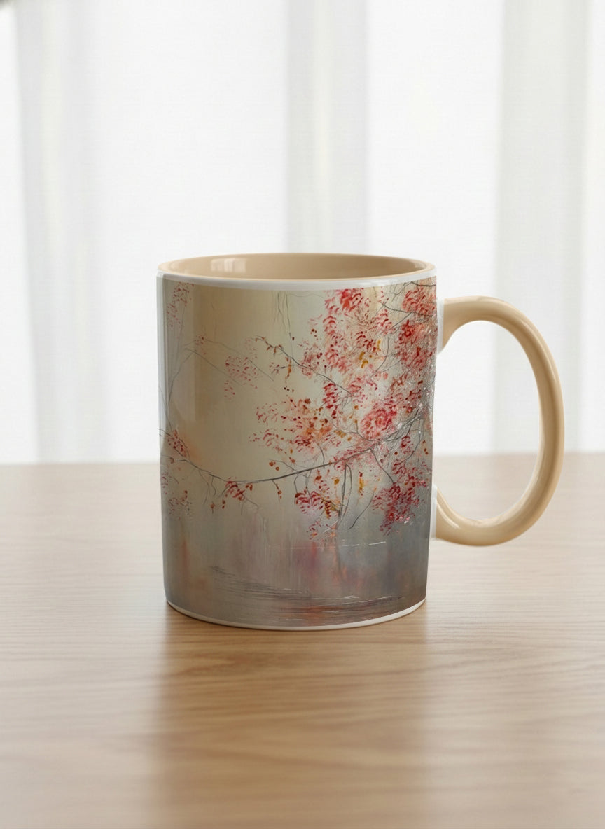 classic mug | Quiet Waters mug, delicate red blossoms and fine branches drifting across a soft celadon mist, warm cream interior and handle, by Karina Mosser - Gallery By Inhesion