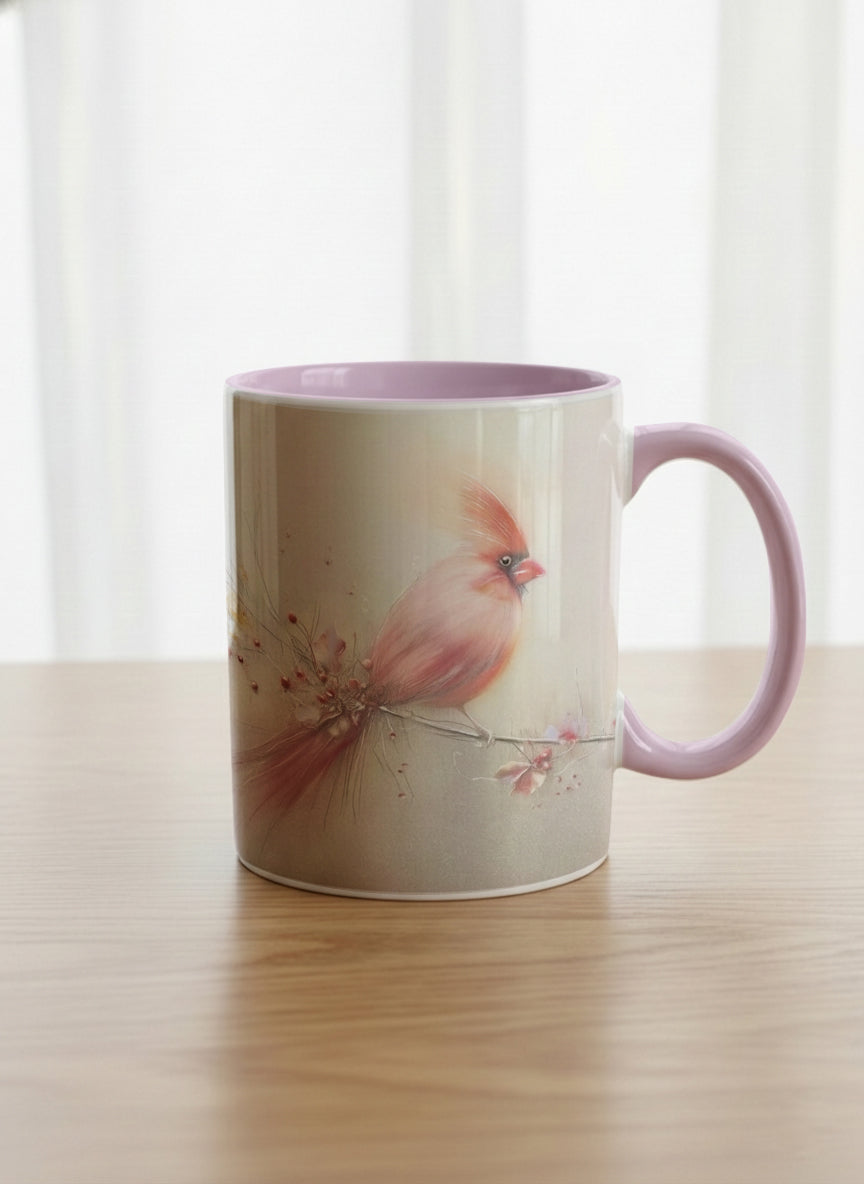 Classic mug | lossom Visitor mug, a delicate pink cardinal perched on a wispy blossom branch against a soft ivory mist, blush pink interior and handle, by Karina Mosser - Gallery By Inhesion