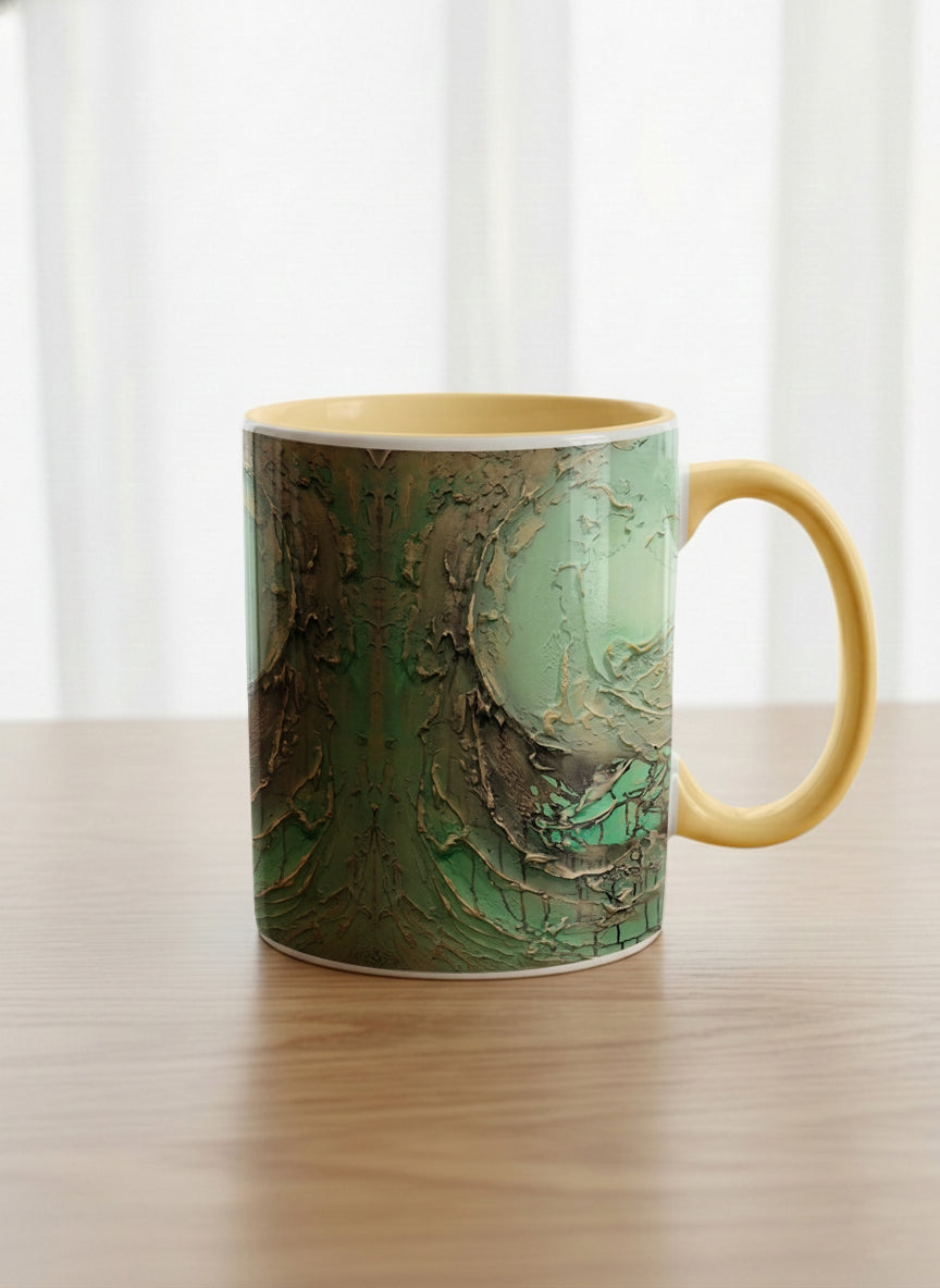Classic Mug | Emerald Magic mug showing abstract marbled pattern in green, gold, and earthy tones by Mersedes Mein - Gallery By Inhesion