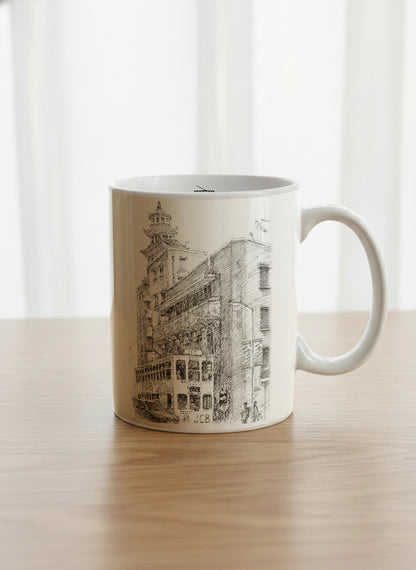 Classic Mug | Tramway Through Time mug showing a sketch of streets and tram in Hong Kong by Samuel Kwok - Gallery By Inhesion