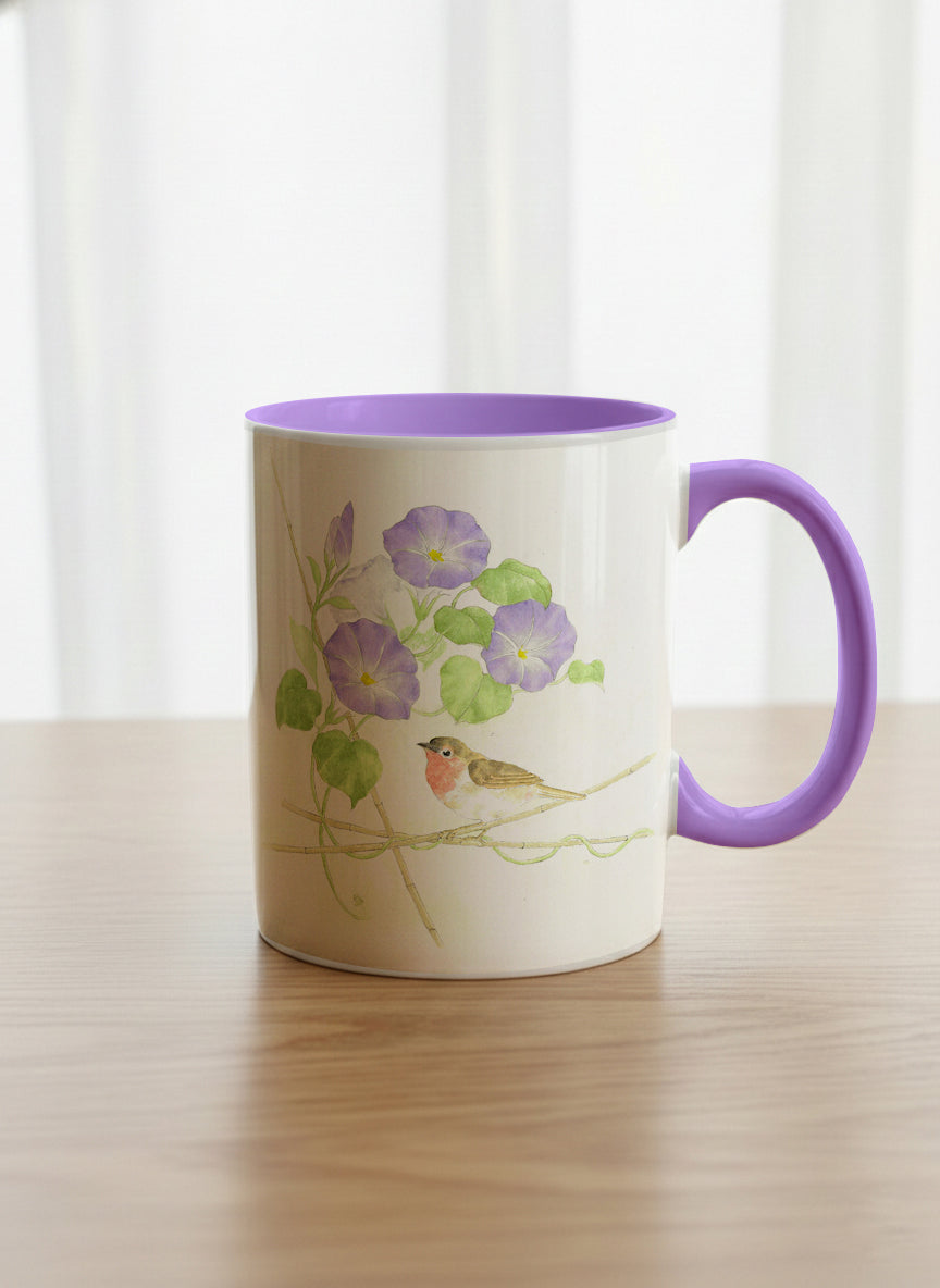 Classic Mug | Morning Glory mug with watercolor bird and purple flowers artwork by Alice Wong - Gallery By Inhesion