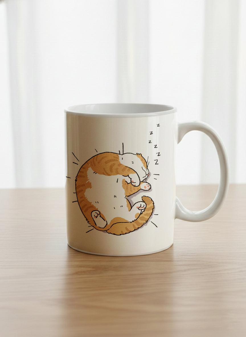 classic Mug | Sweet Dreams mug, a ginger tabby cat curled into a perfect circle fast asleep with tiny zzz's floating above, clean white interior and handle, by Hyun Jung Cho - Gallery By Inhesion
