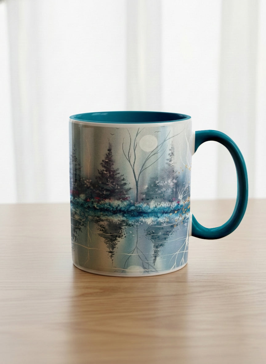 Classic Mug | Winter Reflections on a Frosted Slope mug showing a serene landscape with trees, water, and a moon design by Renee Pupetz - Gallery By Inhesion