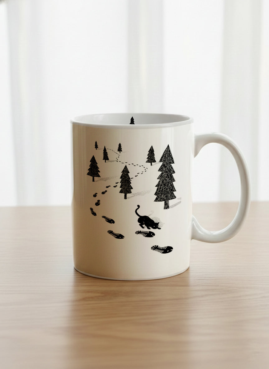 Classic Mug | The Curious Cat mug shows a sketch of a cat following fish-shaped footprints by Tang Yau Hoong - Gallery By Inhesion