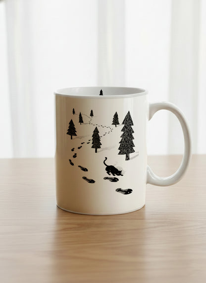 Classic Mug | The Curious Cat mug shows a sketch of a cat following fish-shaped footprints by Tang Yau Hoong - Gallery By Inhesion