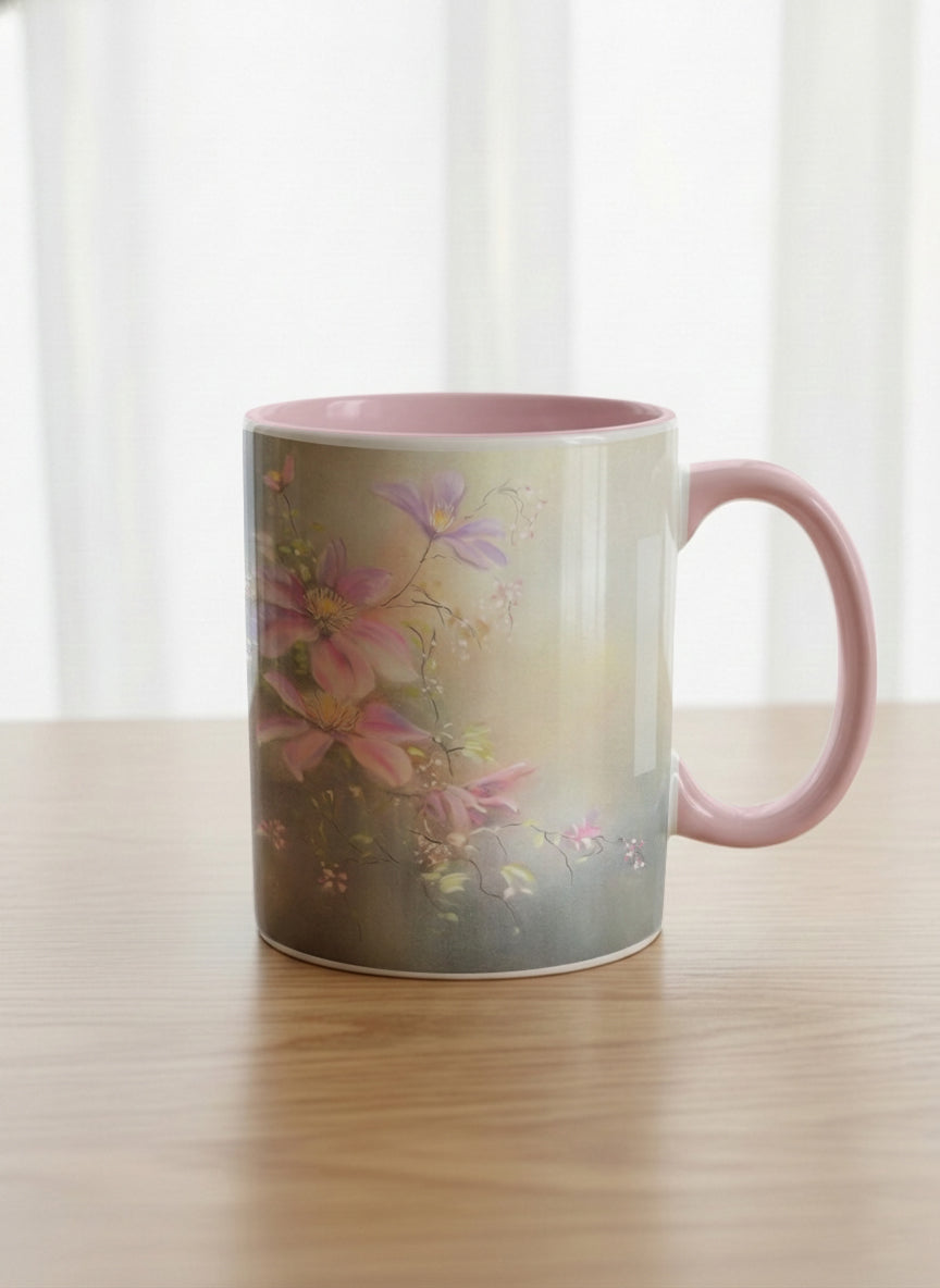 Classic mug | Ethereal Blossoms mug, soft pink clematis flowers glowing against a deep moody sage green mist, blush pink interior and handle, by Karina Mosser - Gallery By Inhesion
