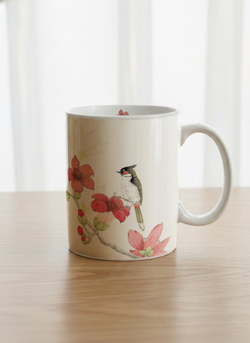 Classic Mug | The Radiance of Red Kapok mug with watercolor illustration of a red bird and pink flowers artwork by Alice Wong - Gallery By Inhesion