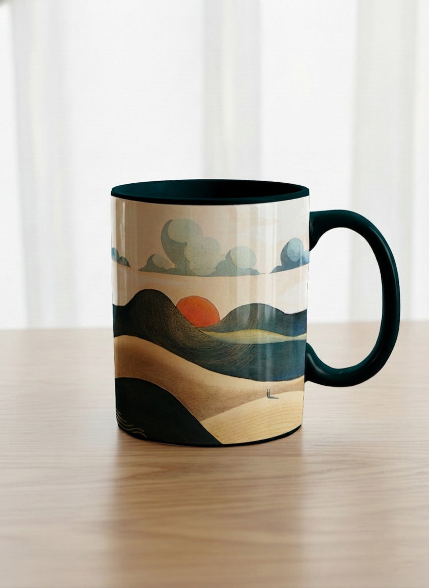 Classic mug | Share a Sunset mug a lone figure walking through rolling sand dunes beneath a glowing orange sun and layered teal clouds, deep teal interior and handle, by KikaG - Gallery By Inhesion