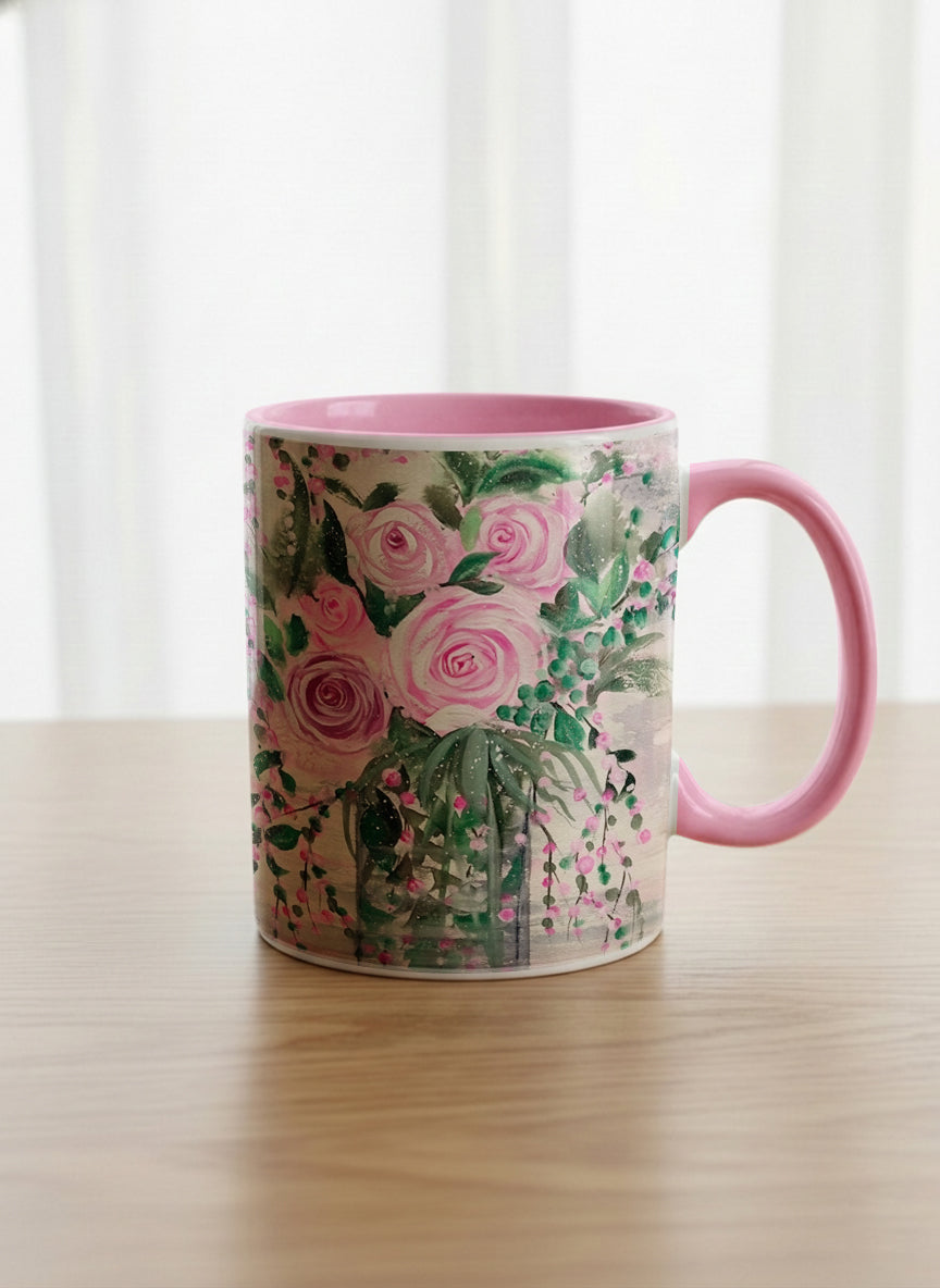 Classic Mug | Pink Roses in a Jar mug showing painted pink roses and greenery on a light background design by Renee Pupetz - Gallery By Inhesion