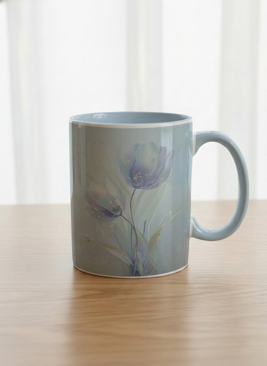 classic mug | Glass Petals mug, a delicate translucent poppy bloom emerging from a soft misty blue-grey wash, matching powder blue interior and handle, by Karina Mosser - Gallery By Inhesion