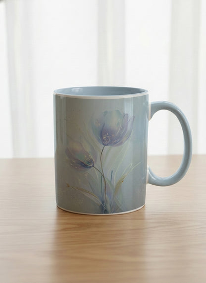 classic mug | Glass Petals mug, a delicate translucent poppy bloom emerging from a soft misty blue-grey wash, matching powder blue interior and handle, by Karina Mosser - Gallery By Inhesion