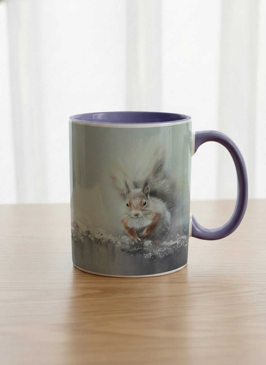 classic mug | Caught in Frost mug, wide-eyed squirrel emerging from a misty winter ground, slate blue interior and handle, by Karina Mosser - Gallery By Inhesion