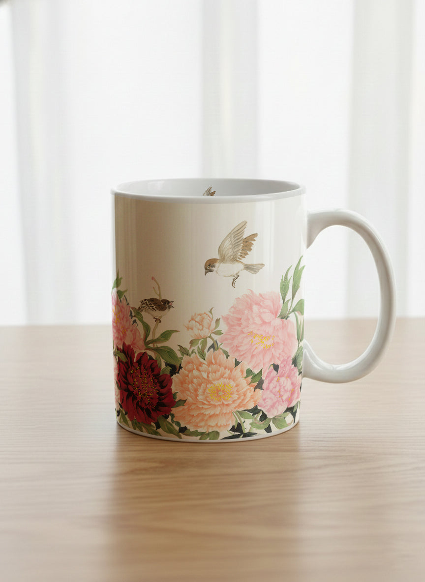 Classic Mug | A Tapestry of Flowers mug with watercolor bird flying amid pink/red flowers by Alice Wong - Gallery By Inhesion