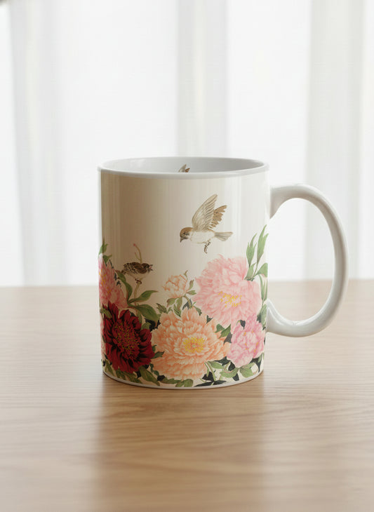 Classic Mug | A Tapestry of Flowers mug with watercolor bird flying amid pink/red flowers by Alice Wong - Gallery By Inhesion