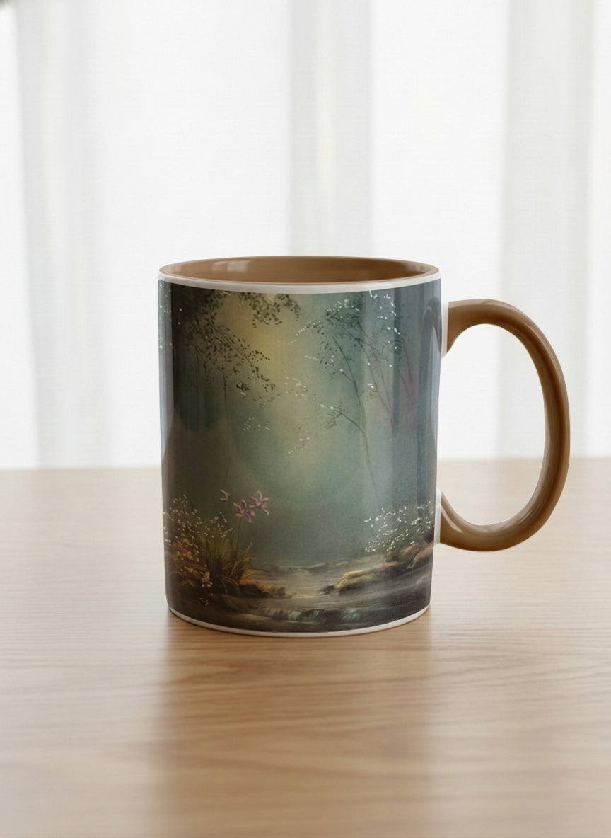 Classic mug | Serenity Stream mug, an enchanted forest with glowing light filtering through misty teal trees and wildflowers by a stream, warm olive interior and handle, by Karina Mosser - Gallery By Inhesion