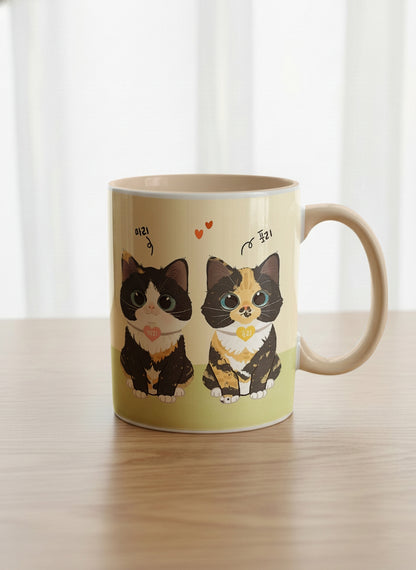 Classic mug | Our Precious Pair mug, two adorable tuxedo cats side by side with Korean name tags and tiny red hearts, soft cream interior and handle, by Hyun Jung Cho - Gallery By Inhesion