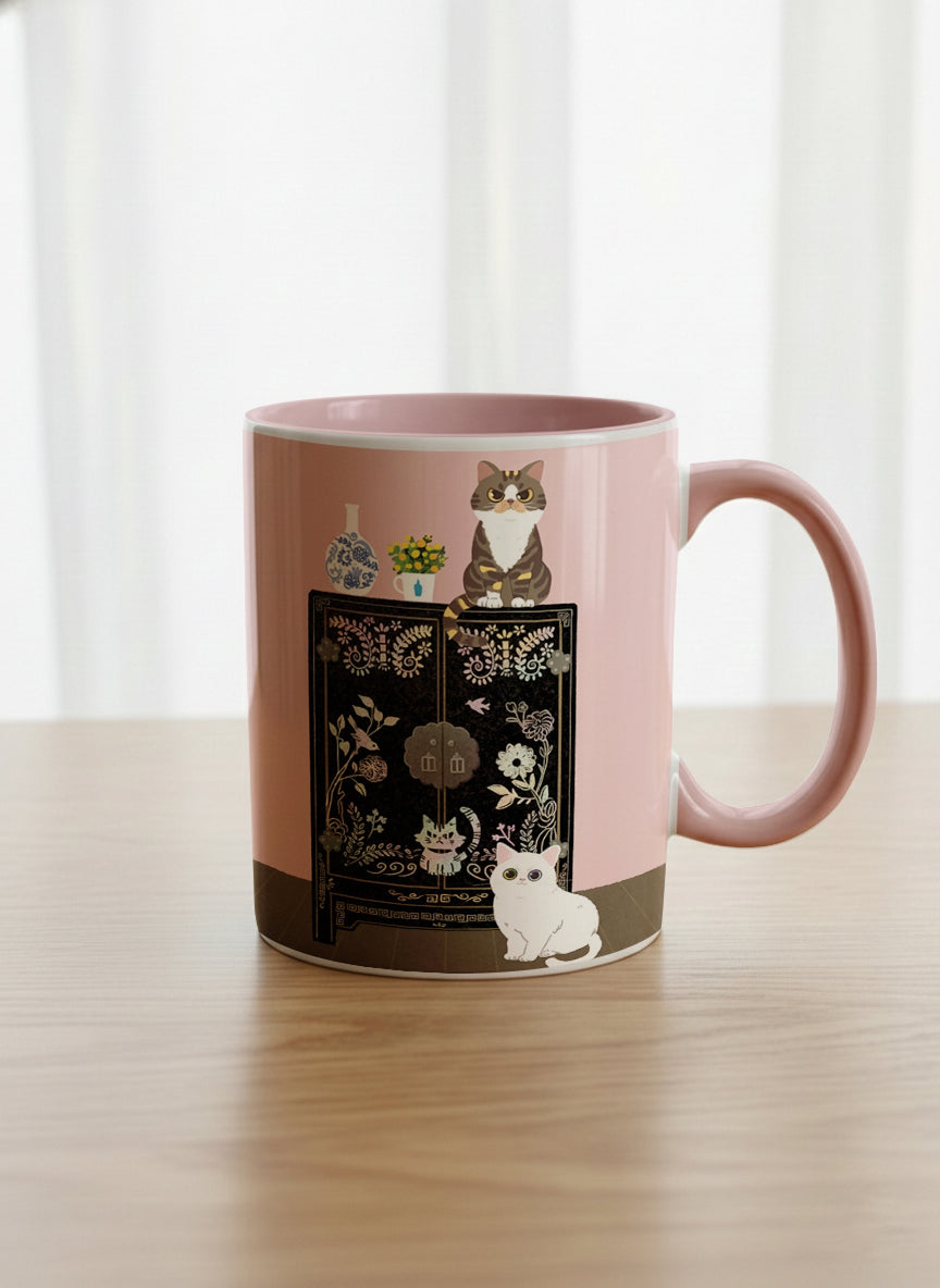Classic Mug | Korean Beauty & Felines mug cats by ornate black lacquer cabinet with floral carvings, blush pink interior, by Hyun Jung Cho