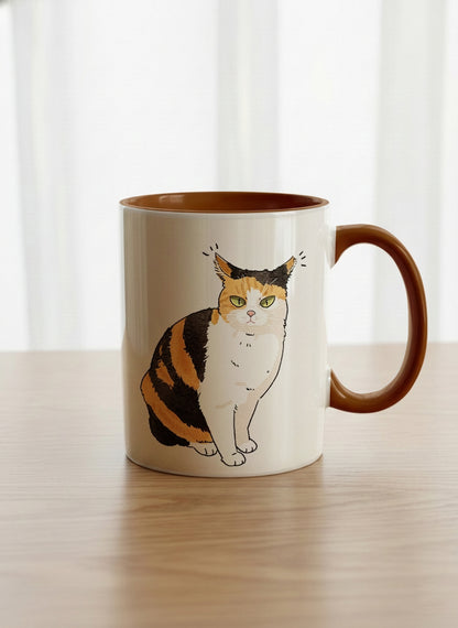 classic Mug | Spicy Calico mug grumpy calico cat with piercing green eyes and ruffled fur, dark chocolate interior, by Hyun Jung Cho
