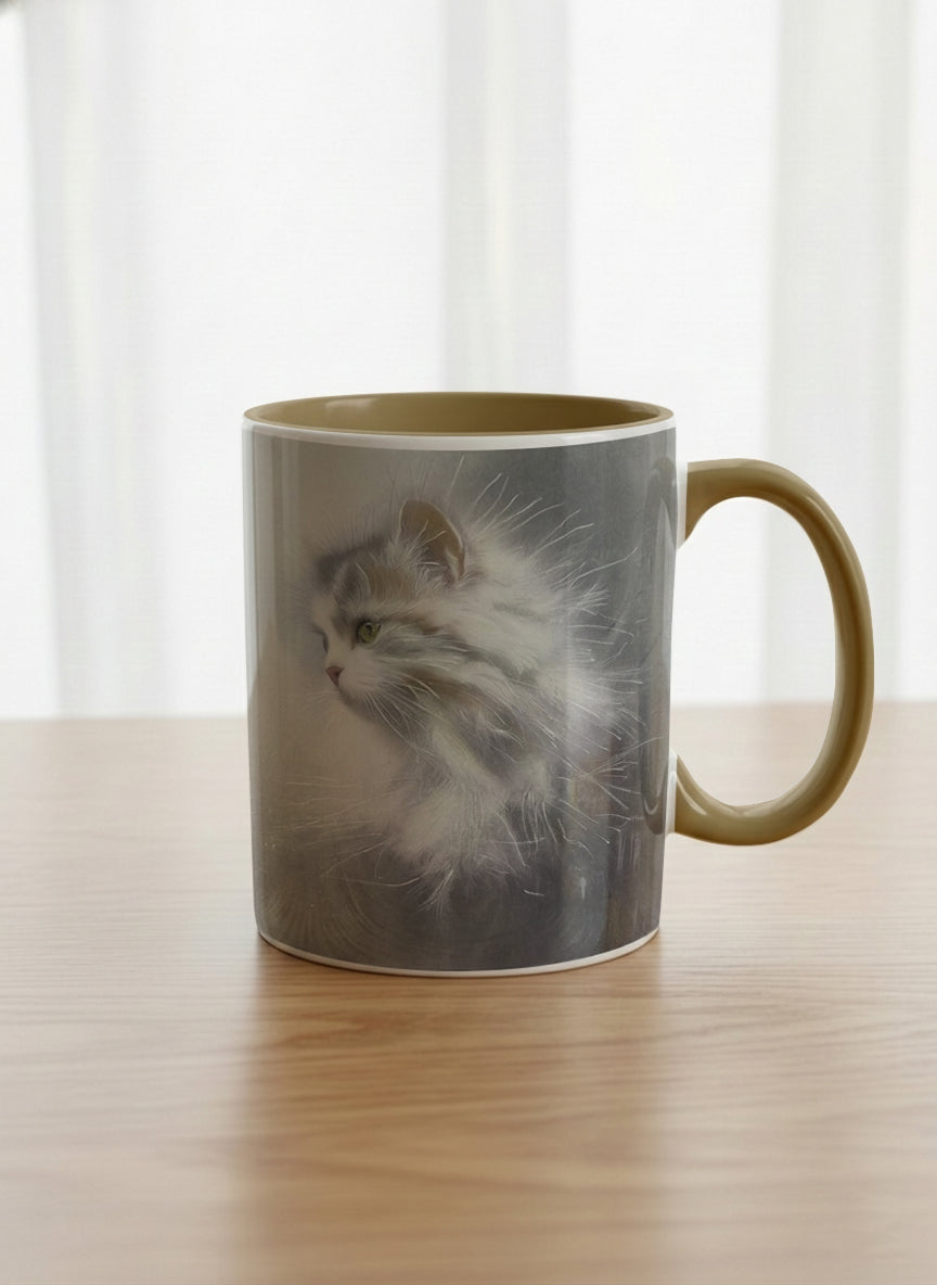 classic Mug | Wild and Free mug, photorealistic cat portrait emerging from a soft smoky mist, warm beige interior and handle, by Karina Mosser - Gallery By Inhesion