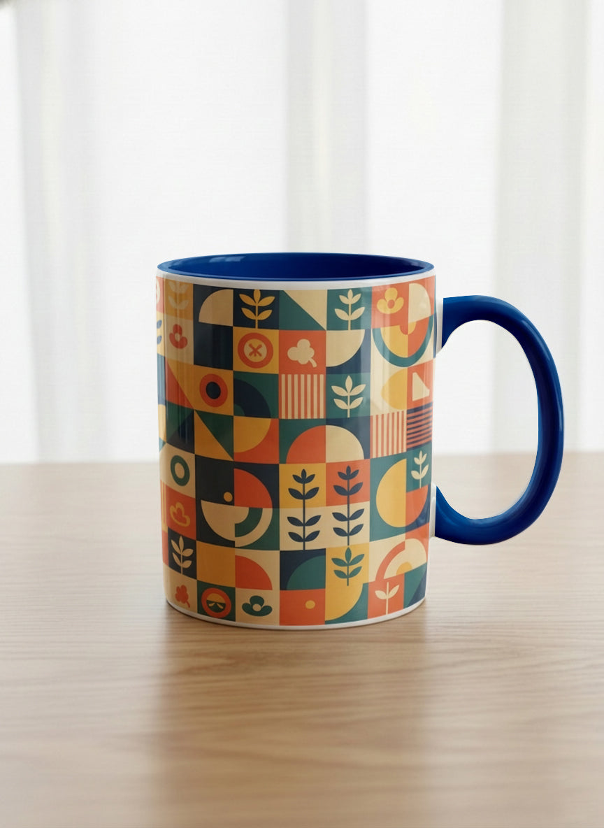 Classic Mug | Bloom Across Realities mug, bold geometric pattern, blue interior and handle, concrete surface  by Alan CL Lee - Gallery By Inhesion