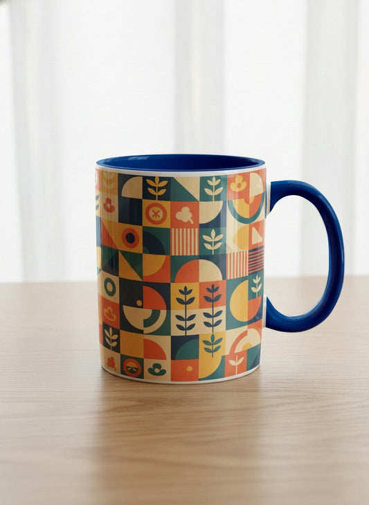 Classic Mug | Bloom Across Realities mug, bold geometric pattern, blue interior and handle, concrete surface  by Alan CL Lee - Gallery By Inhesion