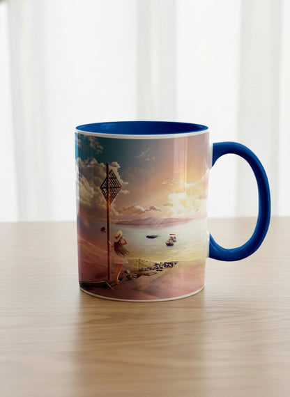 Classic Mug | The Shore of Summer Longing mug showing a scenic beach illustration with a girl and a sunset by Samuel Kwok - Gallery By Inhesion