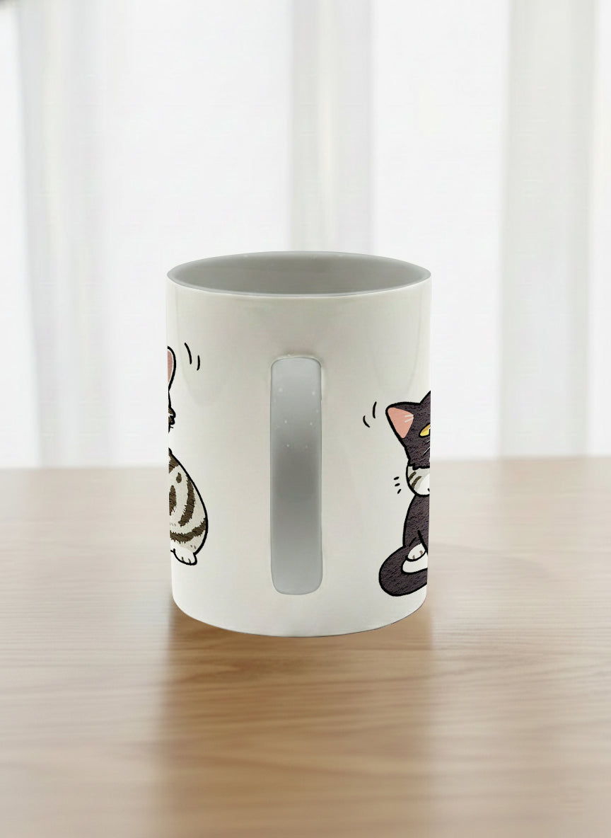 classic mug  | Best Buddies side view mug small tuxedo cat leaning into a chubby tabby with tiny floating hearts, sage interior, by Hyun Jung Cho