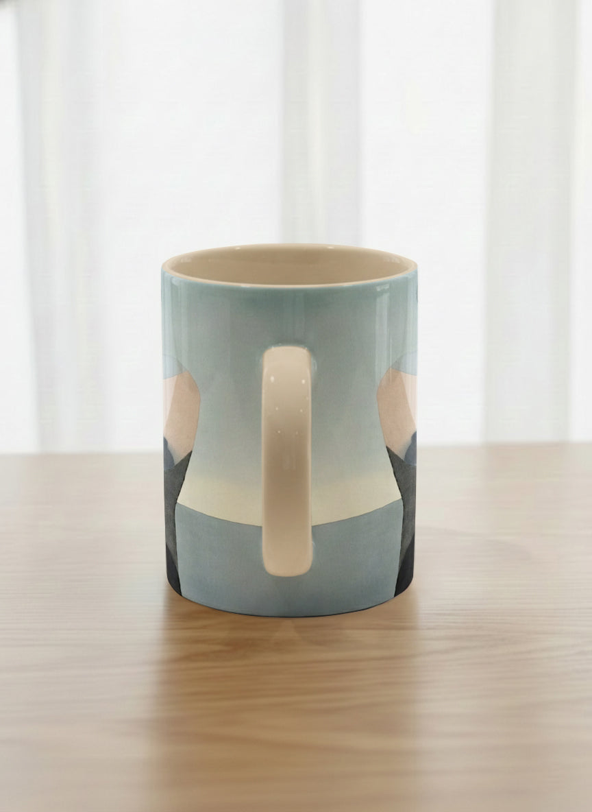 classic mug | A Mountain to Climb side view mug woman gazing over jagged peaks and a golden sun on teal horizon, butter yellow interior, by KikaG - Gallery By Inhesion